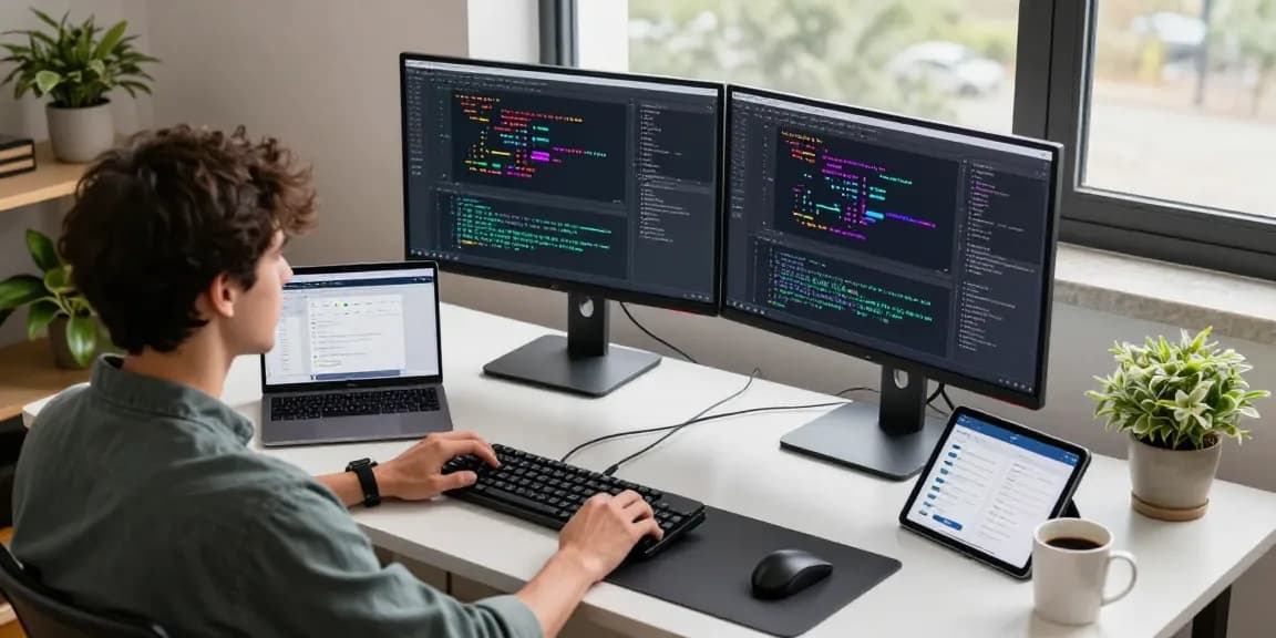 Engaged software developer coding with rti sheduler tools in a modern workspace.