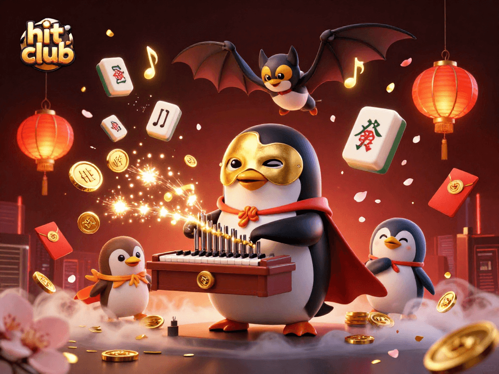 Experience excitement at hit club with a cartoon penguin playing a coin-shooting organ in a vibrant scene.