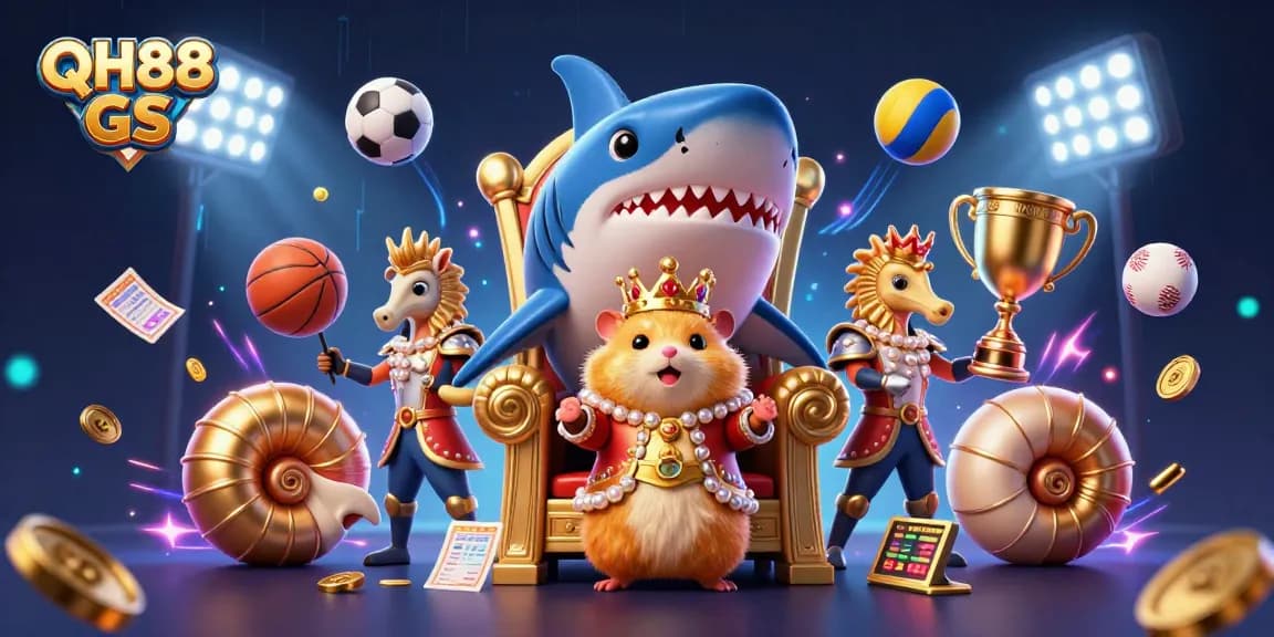 Experience thrilling action with QH88 GS in this vibrant casino-themed 3D illustration featuring multi-sport elements.