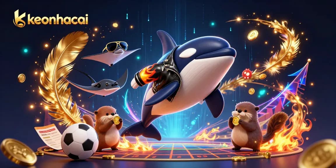 keonhacai showcases a vibrant 3D scene with an orca whale, stingray, and otters participating in sports betting.