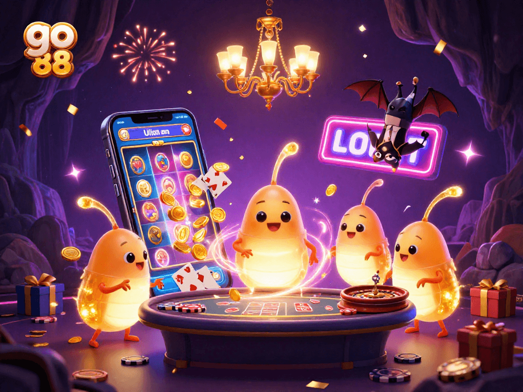 Go 88 illuminates a vibrant casino scene featuring playful glowworms and festive gaming elements.