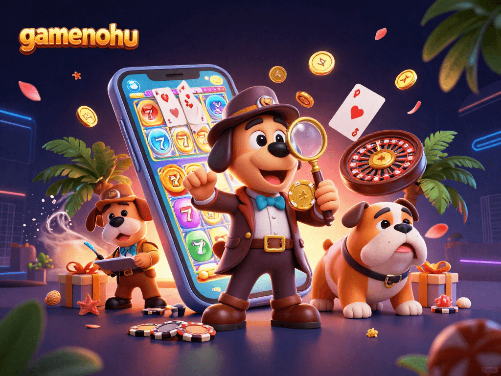 Engage with gamenohu while a detective bloodhound investigates a golden poker chip amidst vibrant casino elements.