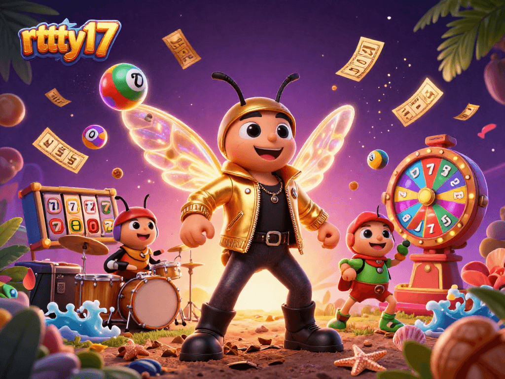 Experience the thrill of rttty17 with an energetic rock star illustration featuring dynamic casino elements.