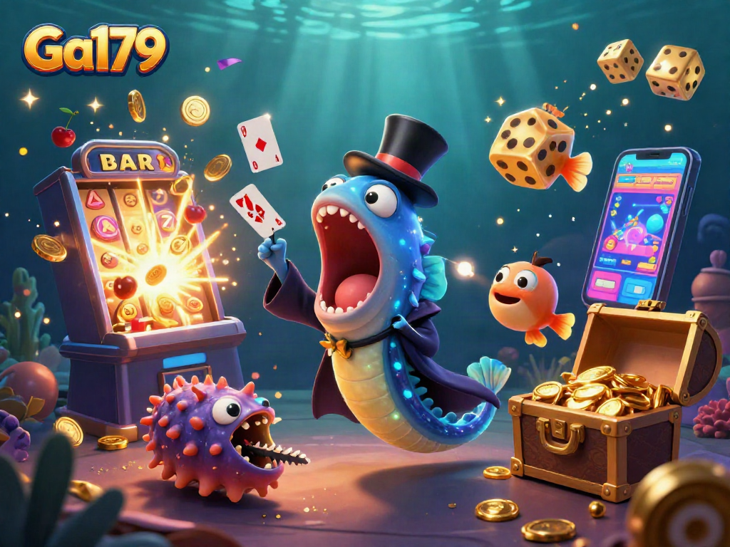 Experience magical slots with the Ga179 deep-sea eel performing tricks amid vibrant casino elements.