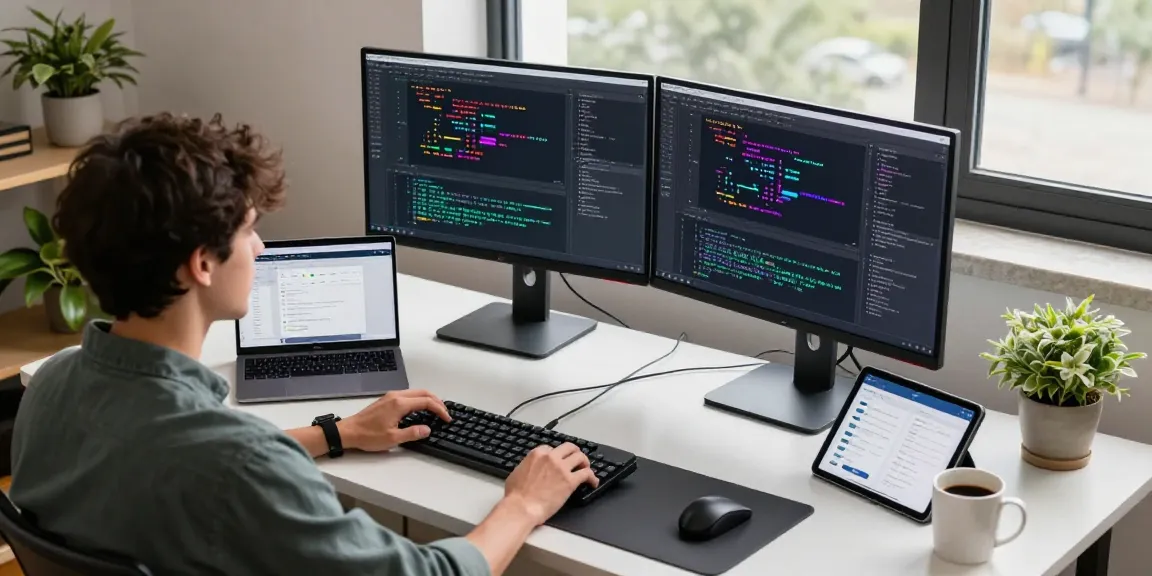 Engaged software developer coding with rti sheduler tools in a modern workspace.