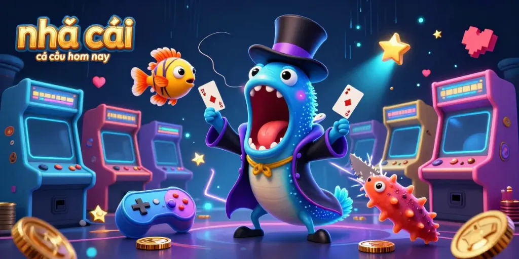 Engaging scene of a deep-sea gulper eel performing magic for players at nhà cái cá cược uy tín hôm nay in a vibrant, colorful environment.