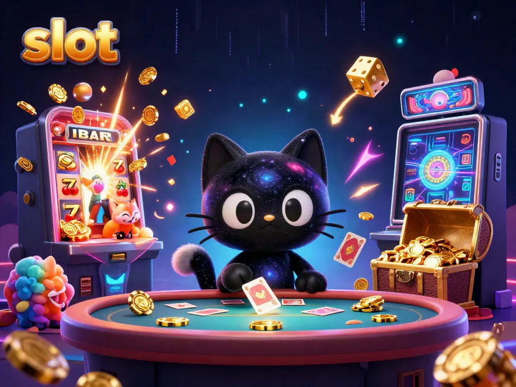 Engage in thrilling slots action with a cosmic black hole cat and colorful nebula fox in an electrifying casino scene.