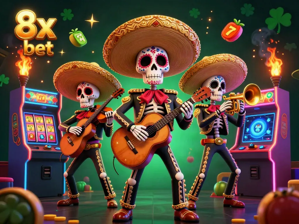Experience thrilling slots action at 8x bet with colorful mariachi characters in a festive setting.