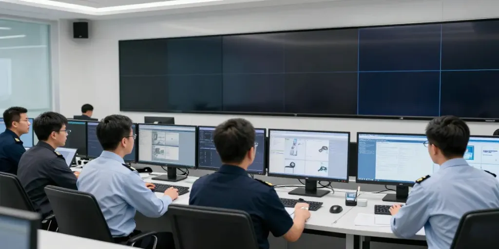 "Corporate Security team in a professional setting monitoring real-time feeds, ensuring safety, trusted local services."