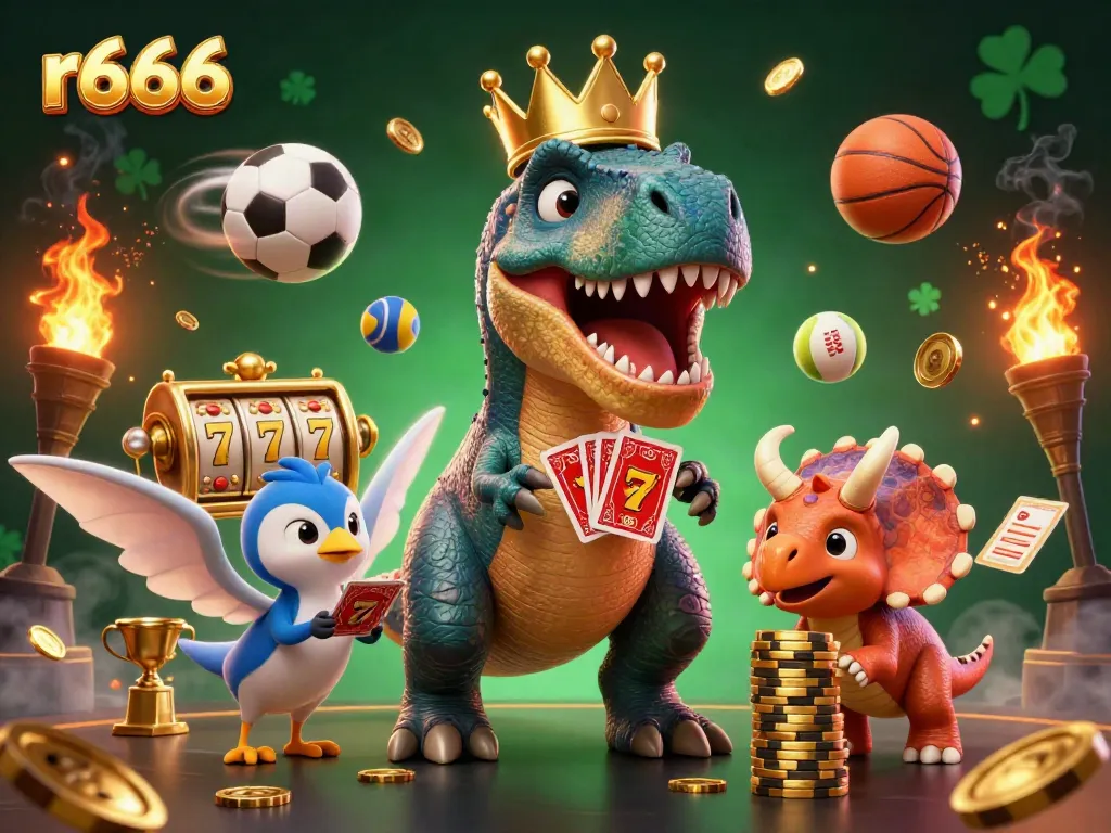 Experience the engaging scene of r666 where a T-Rex deals cards, surrounded by lively casino elements and gold coins.