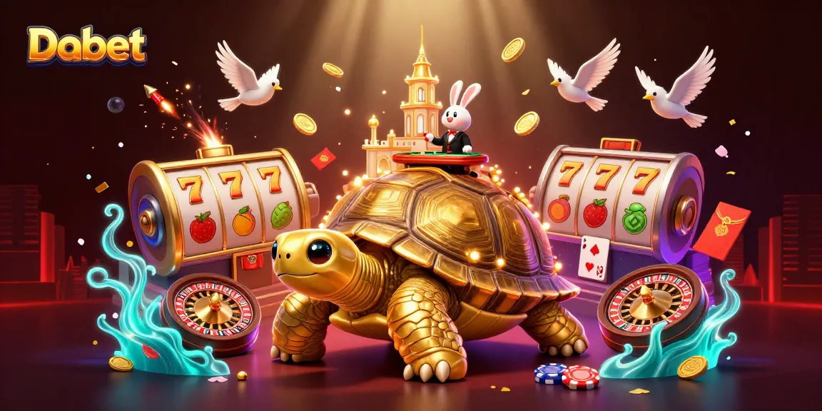 Dabet offers thrilling gaming experiences with a vibrant casino scene featuring a tortoise and a dealer.