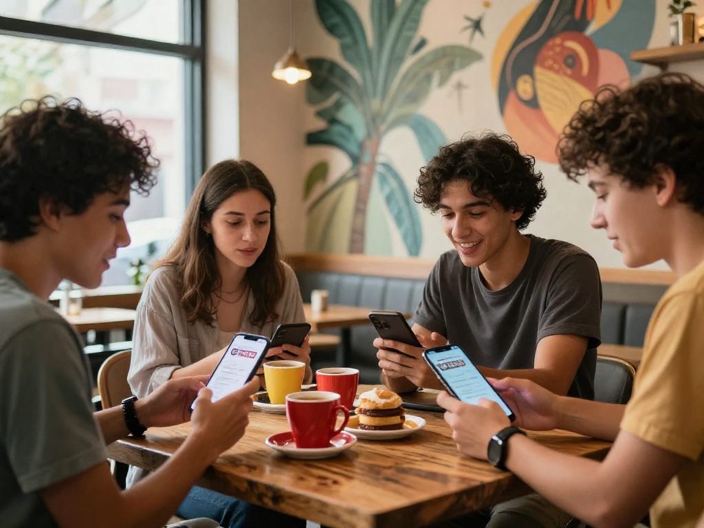 Engaging conversation about spicychat in a lively cafe setting, showcasing modern digital interaction.
