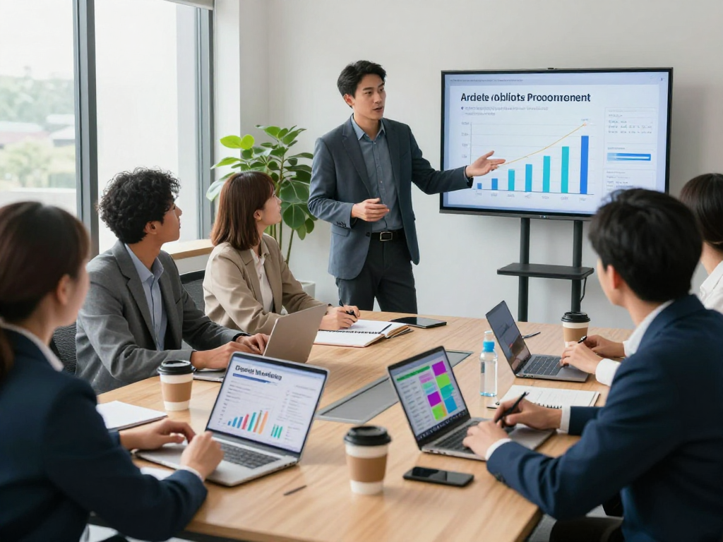Affordable online promotion strategy meeting with diverse professionals discussing metrics in a modern office.