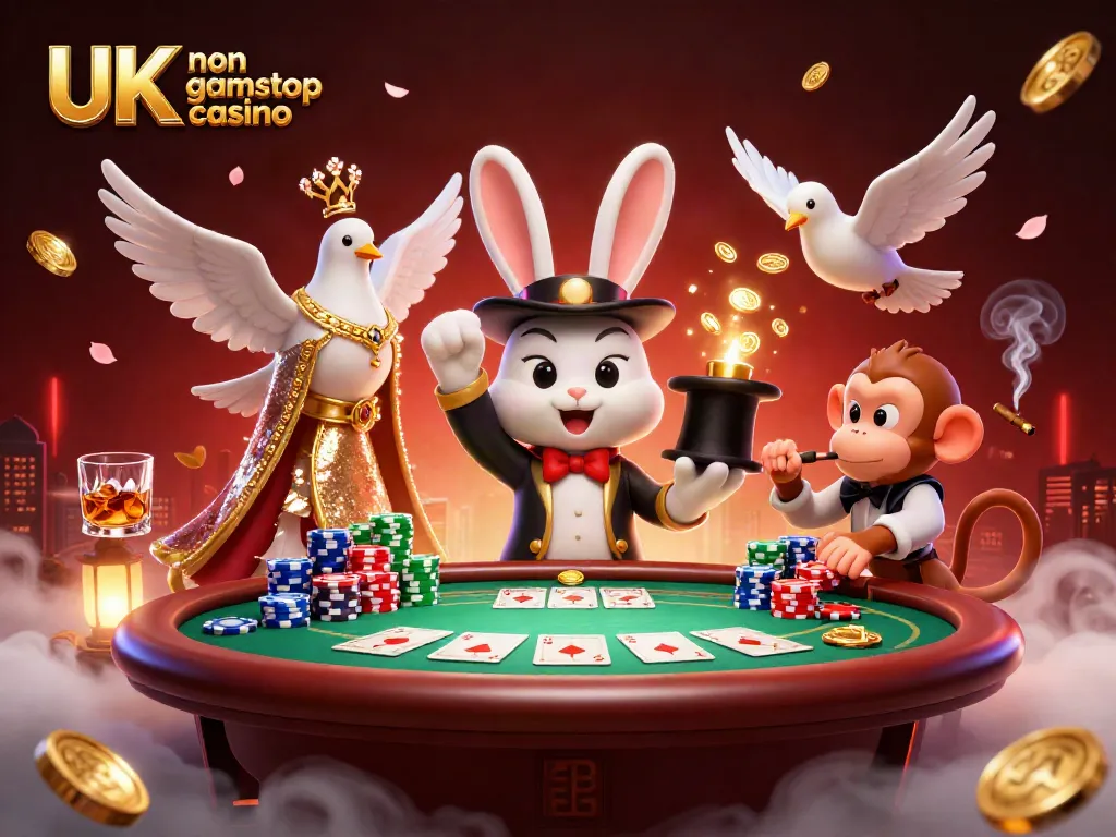 Magician rabbit pulling coins at a UK non gamstop casino, with a dove and monkey amidst poker elements.