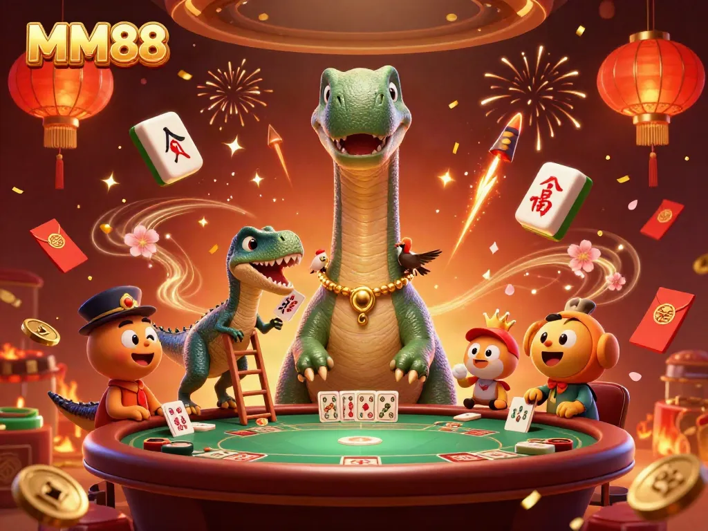 Experience the thrill of MM88 with a dynamic casino scene featuring vibrant elements and characters.