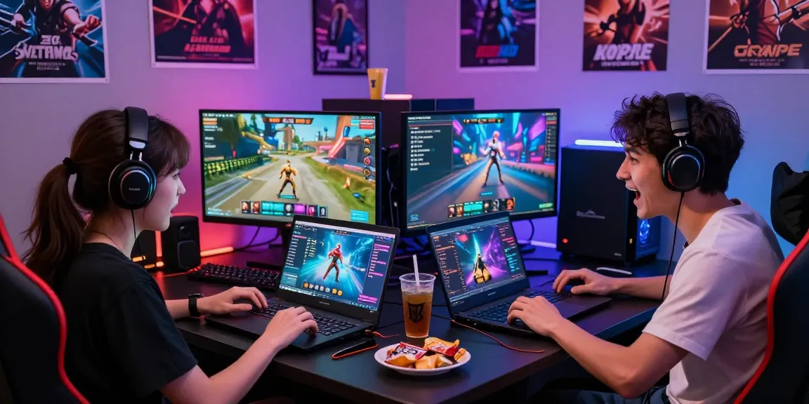 Engaged players immersed in AI porn games at a colorful gaming setup.