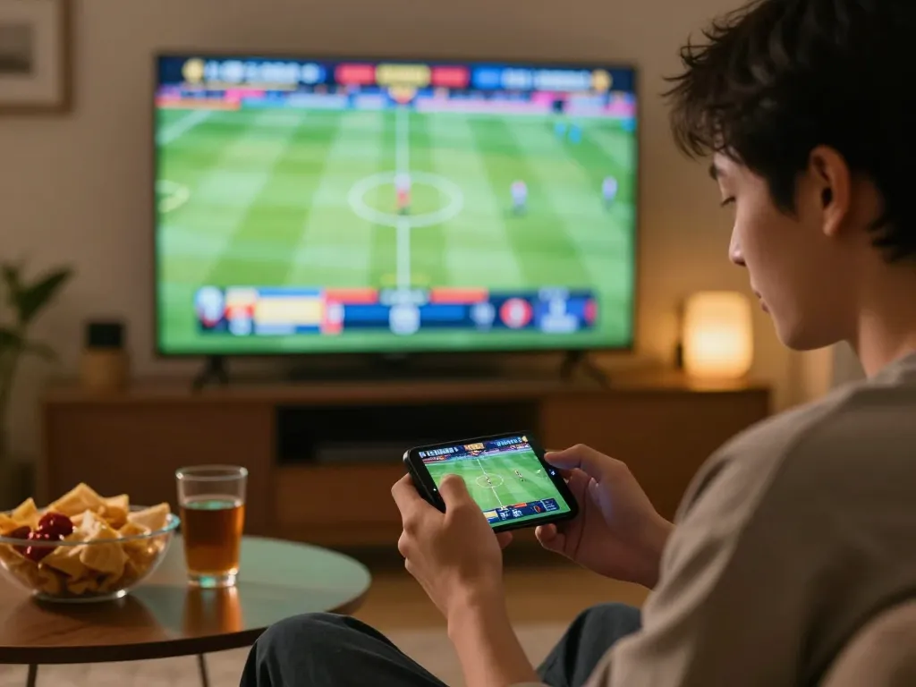 Sungaitoto user placing bets on a smartphone while watching a sporting event on TV