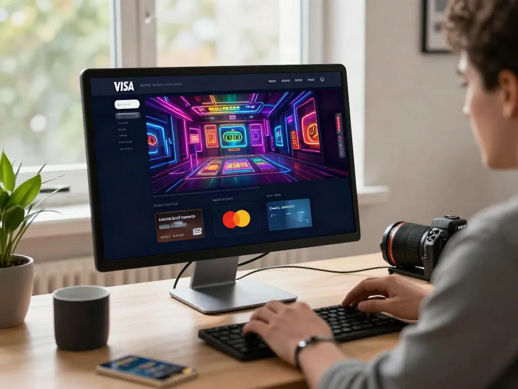 Online casinos that accept credit card displayed on a laptop in a modern home office, showcasing vibrant gaming graphics.