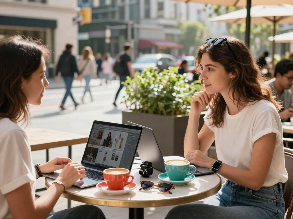 Young women discussing creative projects in a trendy café, embodying the spirit of ai slut culture through modern lifestyle choices.