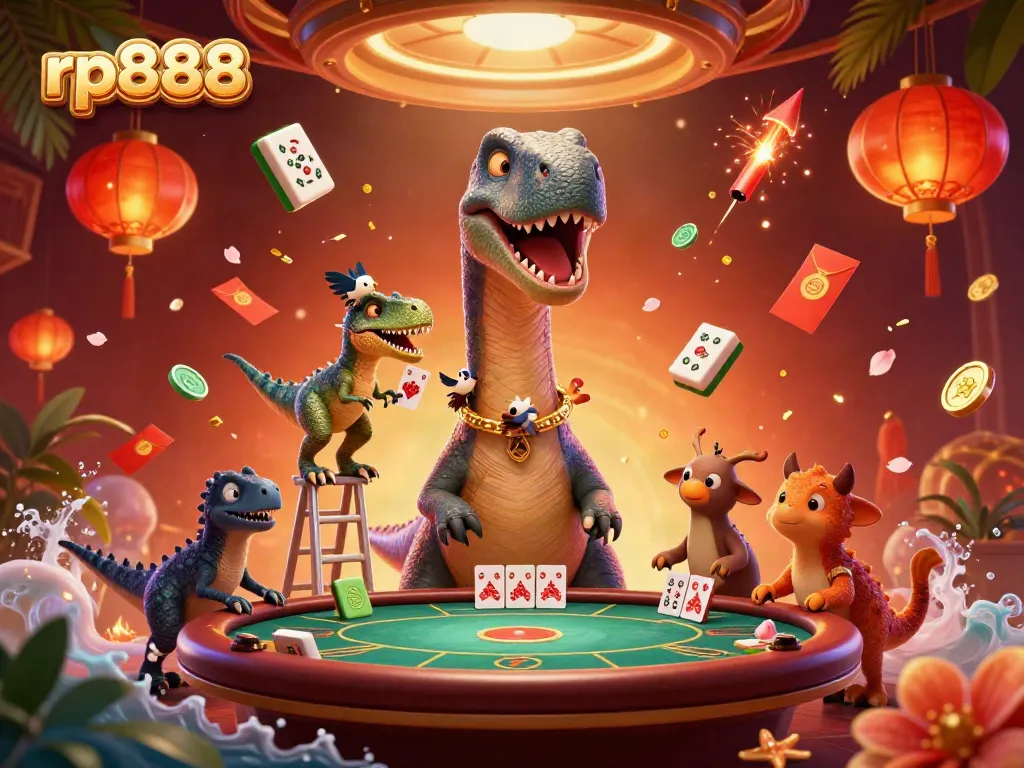 Engage with the vibrant scene of rp888 featuring a brontosaurus in a casino, vibrant decorations, and dynamic elements.