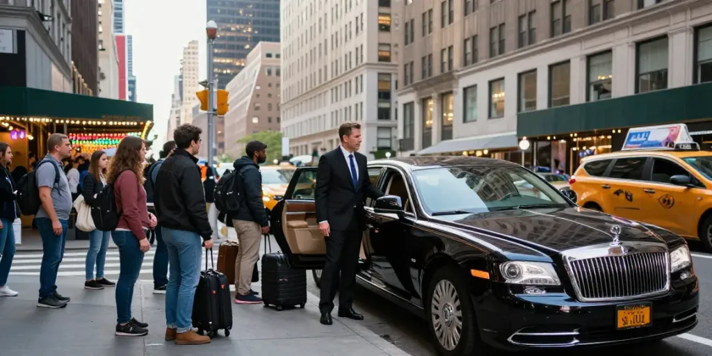 watermill to manhattan car service featuring a professional driver with a luxury sedan ready for passengers in New York City.