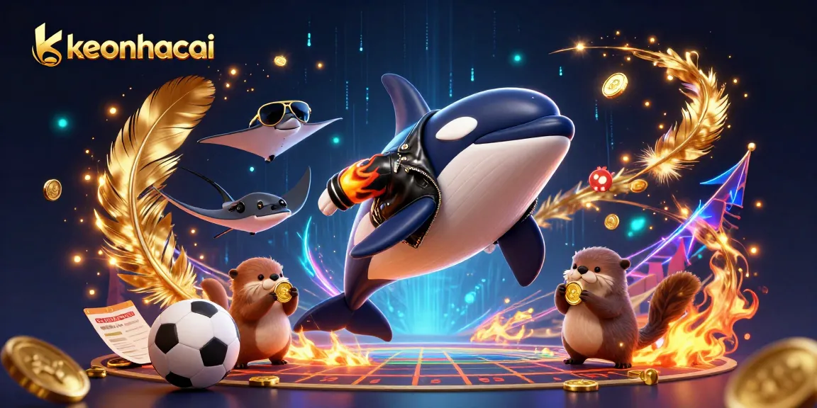 keonhacai showcases a vibrant 3D scene with an orca whale, stingray, and otters participating in sports betting.
