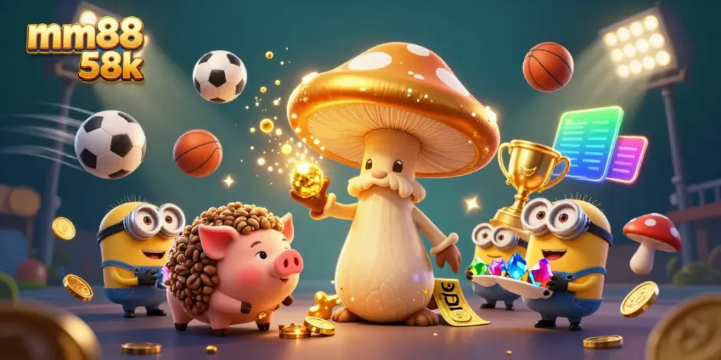 Engage in thrilling gaming adventures with mm88 58k, featuring a magical golden mushroom wizard and sports elements.