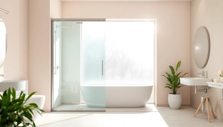 Elegant shower sliding doors in a modern bathroom, showcasing sleek design and natural light.