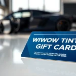 A vibrant window tint gift card elegantly showcased on a stylish desk, perfect for gifting.