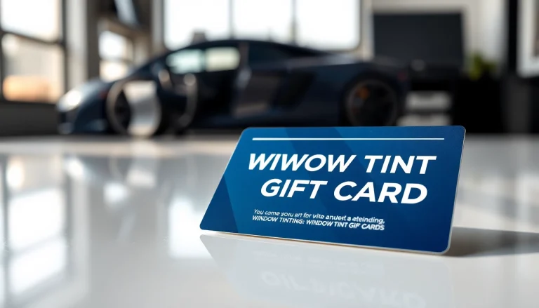 A vibrant window tint gift card elegantly showcased on a stylish desk, perfect for gifting.