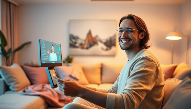 Engaging interaction with an AI girlfriend in a modern living room setting.