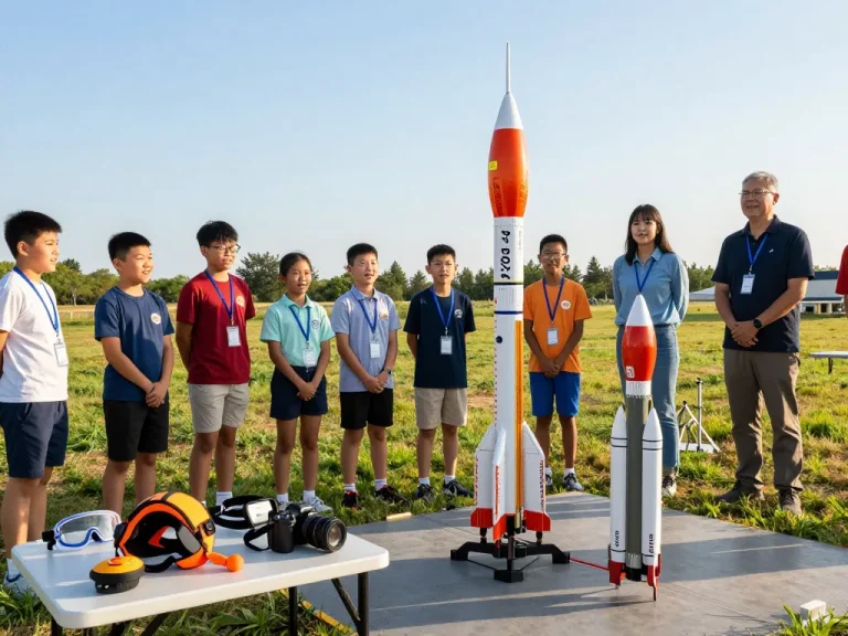Children learning about model rocket engines at a launch event in the UK.