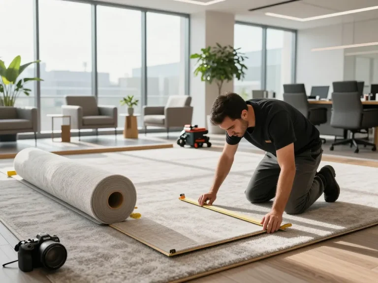 Expert commercial carpet installation in modern office, showcasing precision and quality craftsmanship.