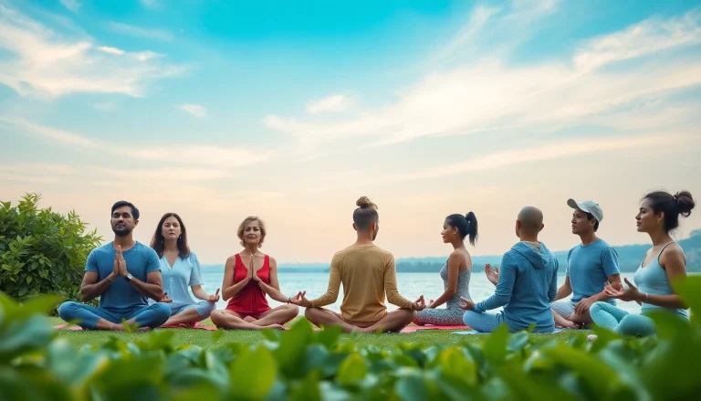 Individuals practicing mental wellness in a serene outdoor setting with greenery and calming water.