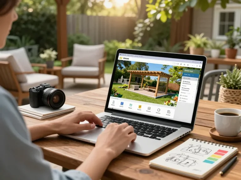 Using pergola configurator software to design a custom outdoor structure in a vibrant garden setting.