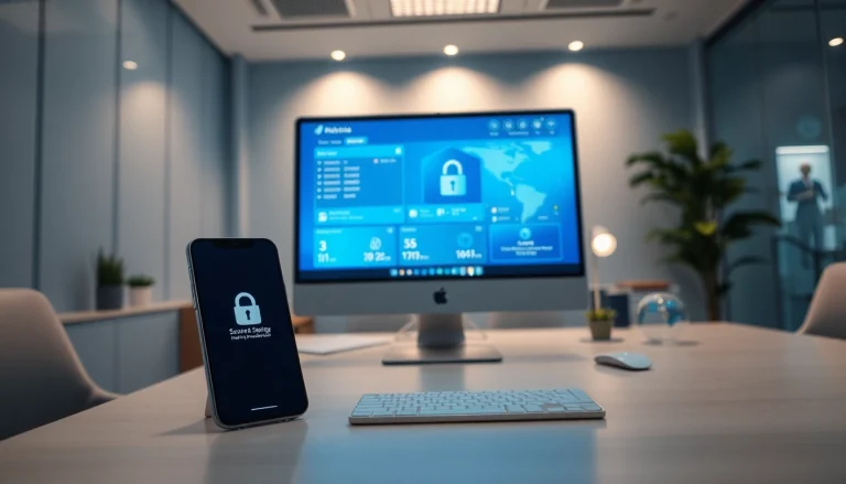 桌面与智能手机上的快连下载界面，展示现代办公室中的高速安全连接。
