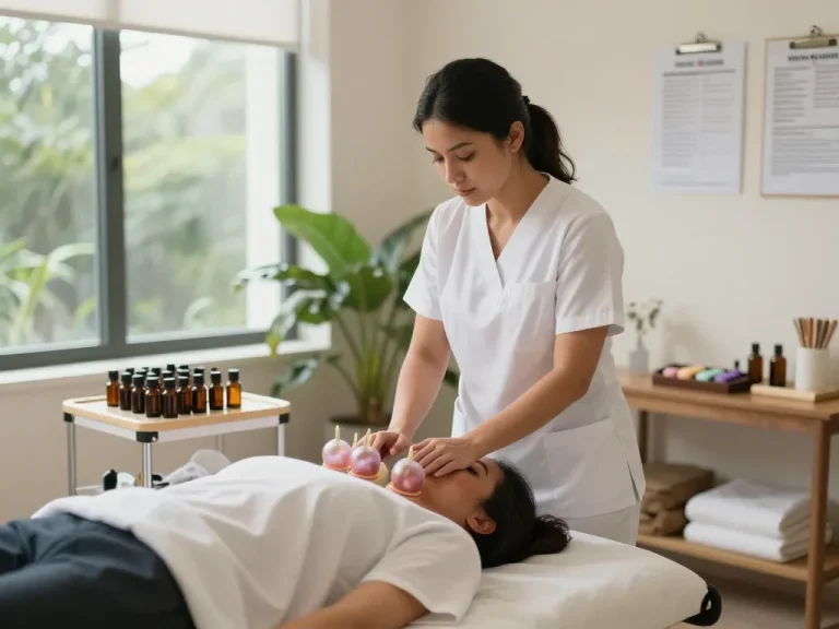 Practitioner demonstrating an accredited hijama course technique in a serene wellness setting
