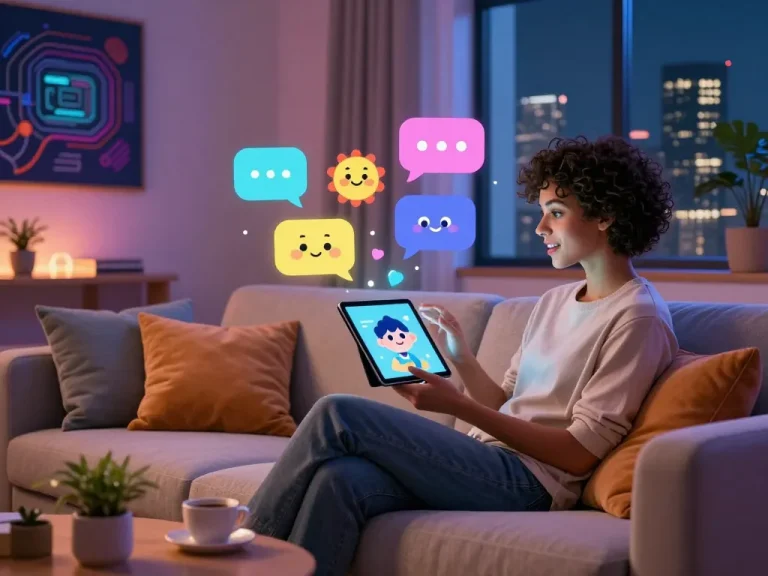 An interactive AI conversation scene showcasing a user engaging with the crush on ai tablet character, cozy setting with vibrant chat bubbles.