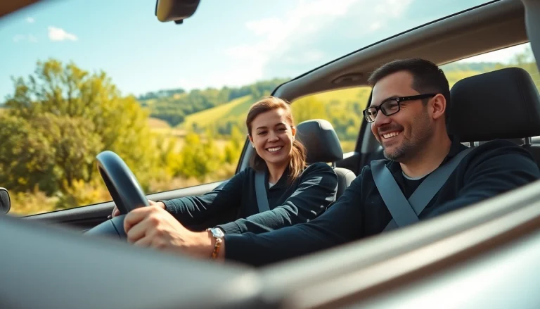 A student learning from a professional during an intensive driving course Guildford in a beautiful natural setting.
