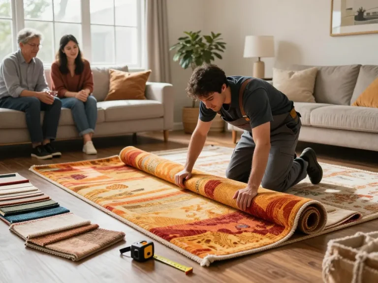 Professional carpet fitters near me installing vibrant carpet in a cozy living room.