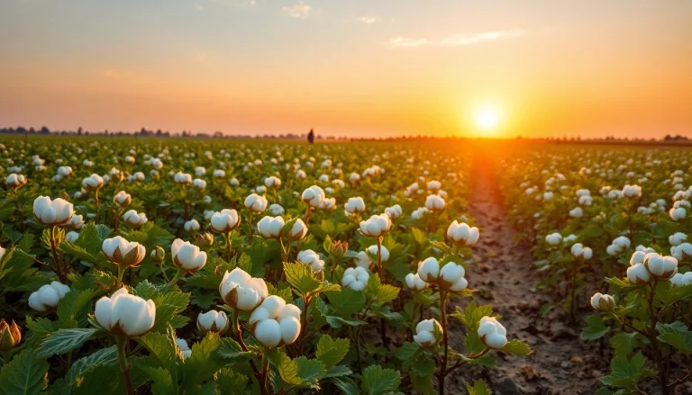 Katoenplanten met rijpe bollen in een gouden zonsondergang, boeren werken aan duurzame landbouw.
