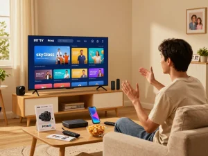 Sky Glass IPTV installation guide shown in user-friendly setup at home with Smart TV.