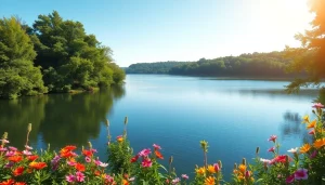 Relaxing scene of Virginia water reflecting greenery and blue sky in a tranquil lake setting.