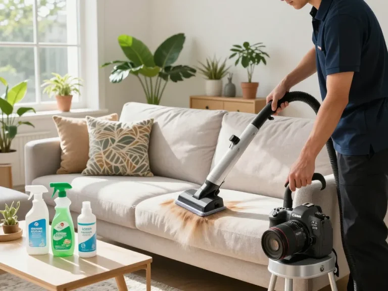 Upholstery cleaning scene showcasing expert services for home renovation blogs, with a cleaner removing stains from a vibrant sofa.