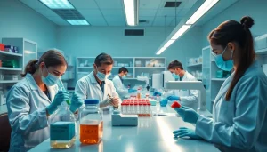 Scientists examining Retatrutide samples in a modern laboratory setting.