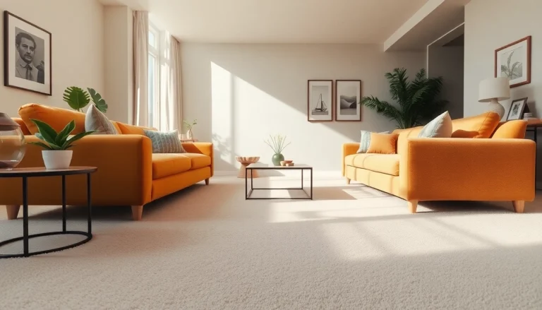 Professional carpet cleaning demonstrated in a bright modern living room, showcasing pristine carpets and inviting decor.