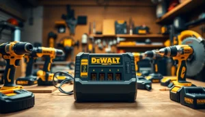 The DeWalt 4 port charger efficiently powers multiple batteries, showcasing workplace productivity and reliability.
