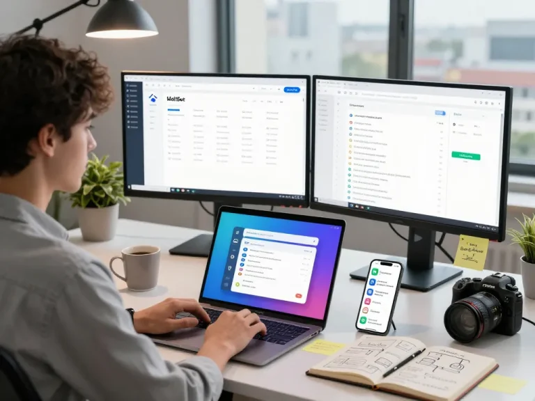 MoltBot personal AI assistant displayed on laptop in a modern tech workspace with multiple chat app notifications.