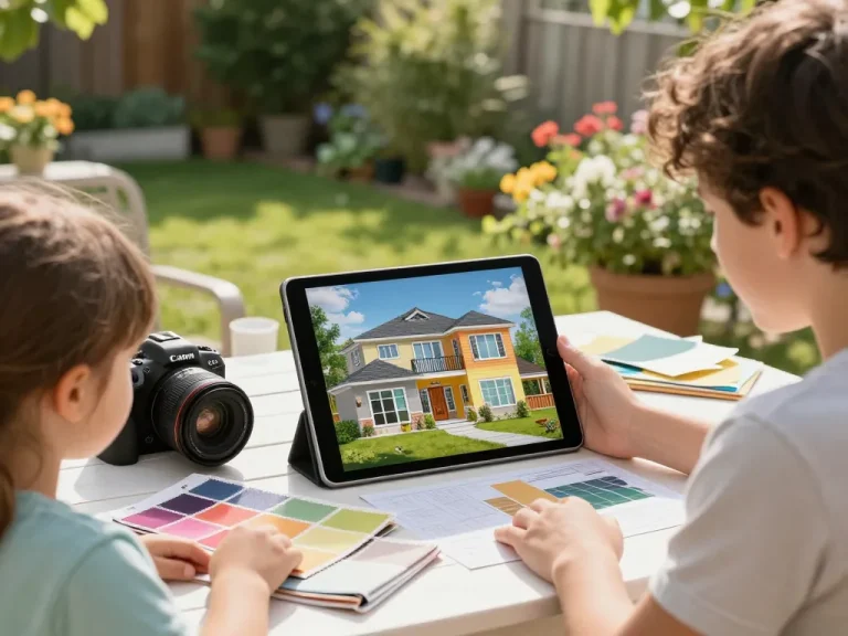 Engaged family using a veranda configurator on a tablet to design their ideal outdoor space.