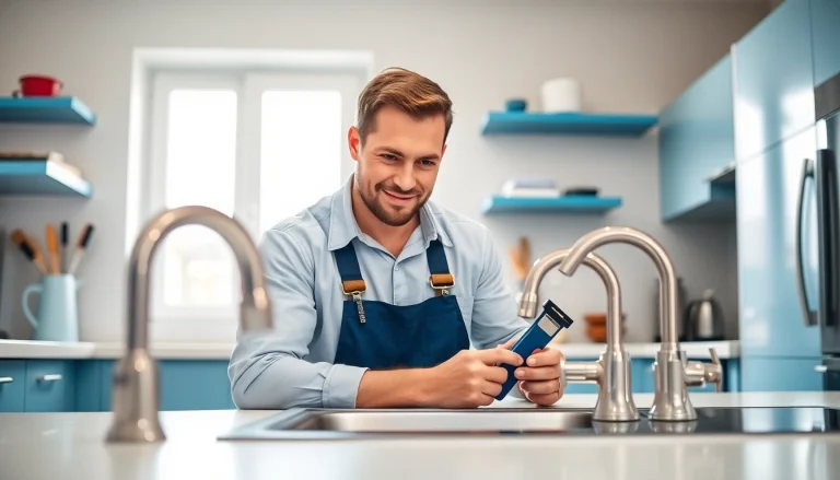 Plumber near me fixing a sink in a modern kitchen, emphasizing a professional service.